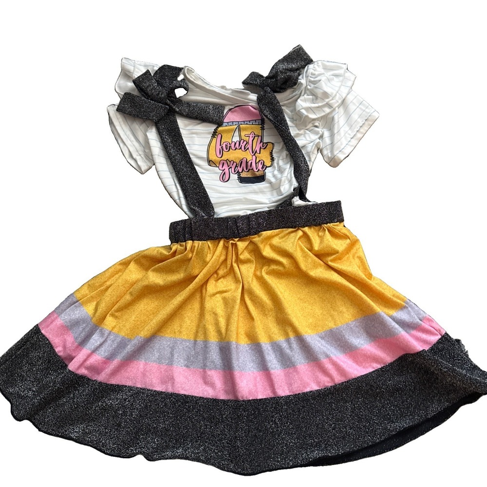 Boutique Size 3X 7-8 4th Grade Girls Outfit Set - S/S Graphic & Pencil Jumper